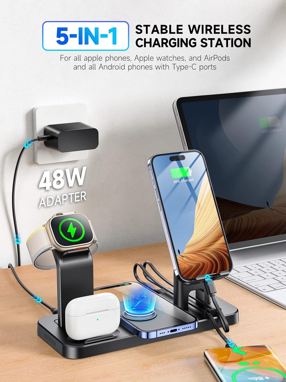 KINYELL Charging Station for Multiple Devices Apple，48W 5 in 1 Fast Wireless Charging Station for iPhone AirPods Apple Watch Charger, Gift for Men, Gift for Her Valentines Anniversary Day Black - Image 2
